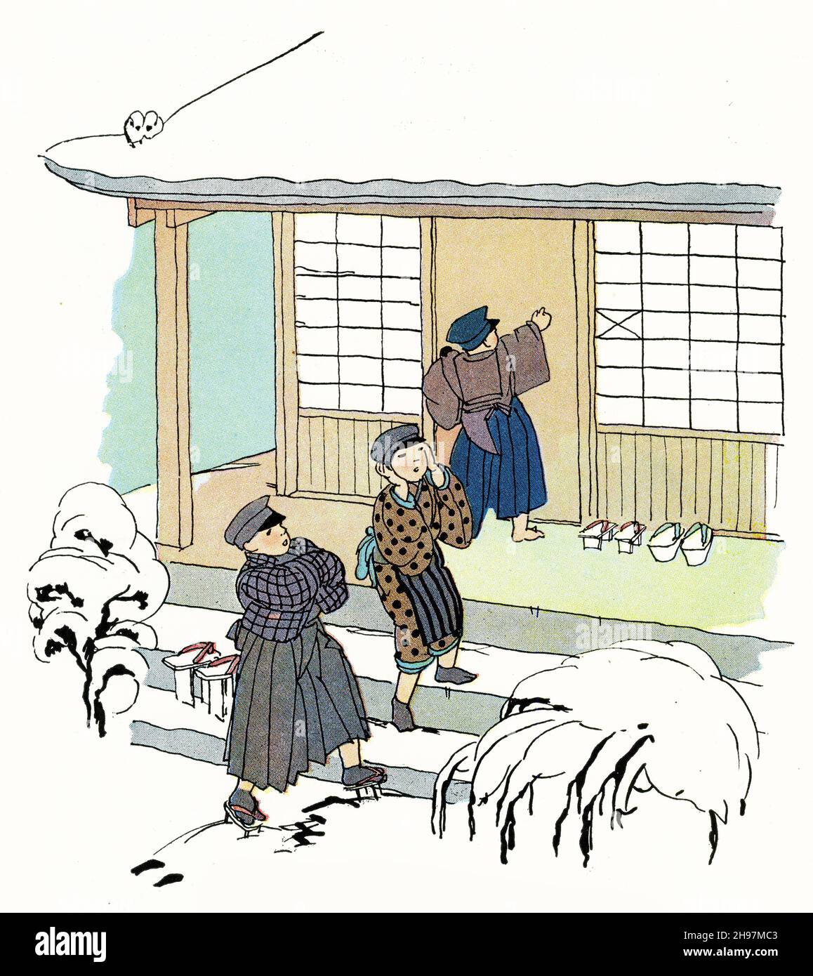 Urige Illustration des traditionellen Lebens in Japan im Winter, veröffentlicht um 1928 Stockfoto