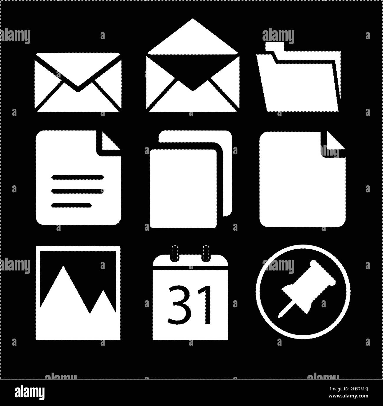 Gestrichelte Linienvektorsymbole werden isoliert auf schwarzem Hintergrund gesetzt. Symbole Vektordarstellung, Vektorsymbole Sammlung, Umriss. Office-Symbole Stock Vektor
