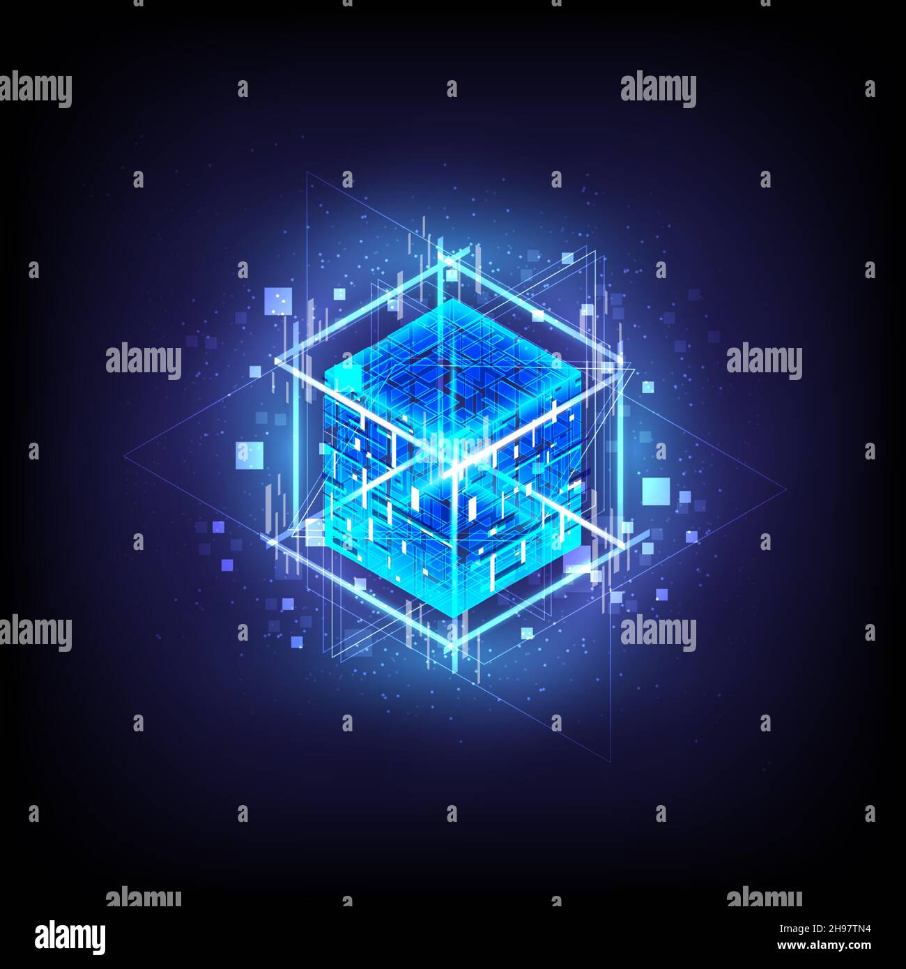 HUD-Energiebox. Smartcode. Big Data. Digitalchip. Blendgitterlinien. 3D Würfel leuchten. CPU-Kern. Abstrakter Technologiehintergrund. Futuristischer Hightech-Science Stock Vektor