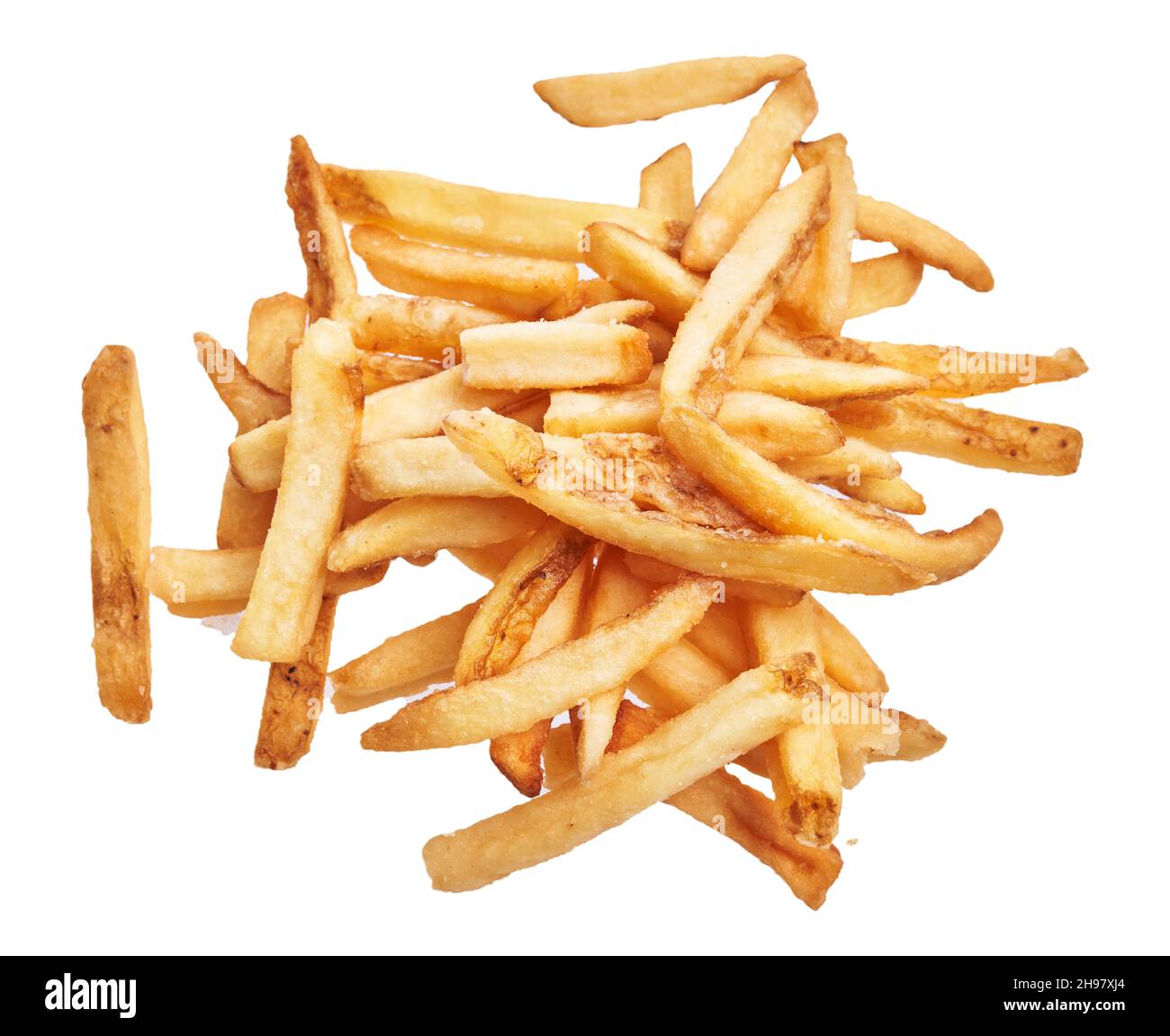 Ein Haufen frittierter französischer Kartoffeln auf weißem Hintergrund isoliert Stockfoto