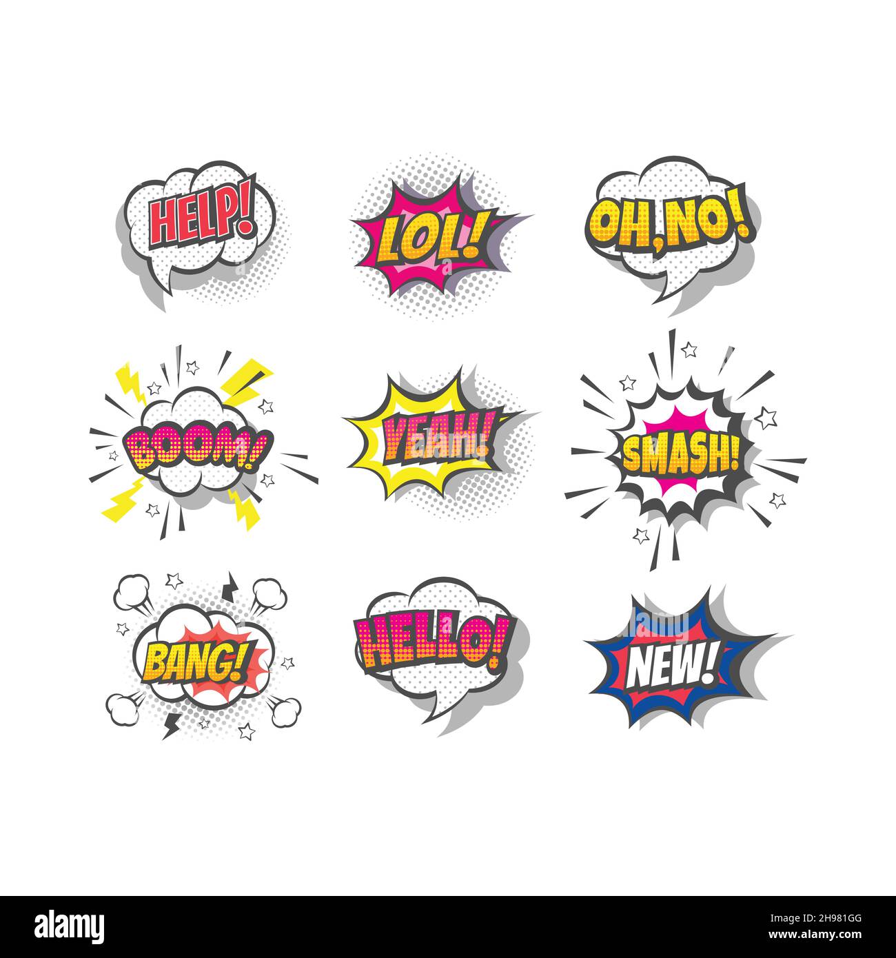 Comic-Cartoon-Schriftzug, Pop Art style.Lol, Boom, bang und zerschlagen Star Explosion mit Halbton und Sprechblase. Stock Vektor