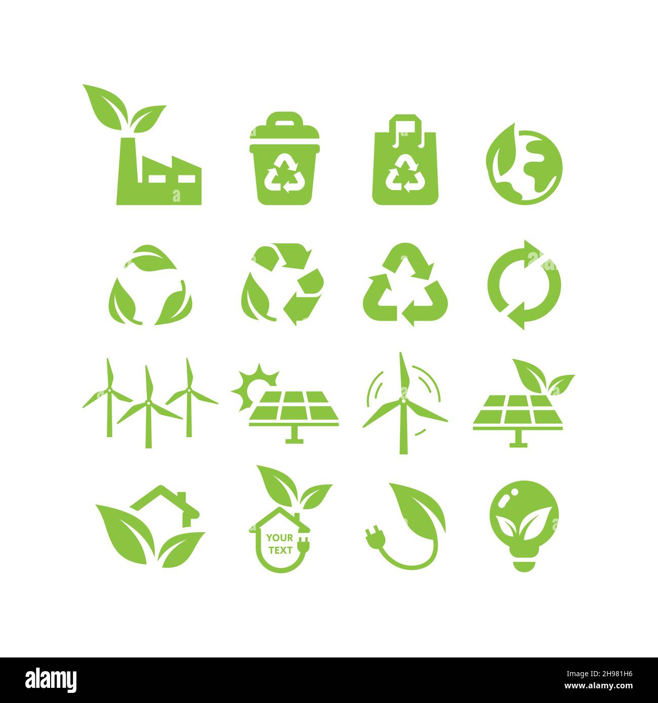 Grüne Energie, umweltfreundlicher Leistungsvektor-Symbolsatz. Solarpanel, Windturbine, recycelte Symbole für erneuerbare Energien. Stock Vektor