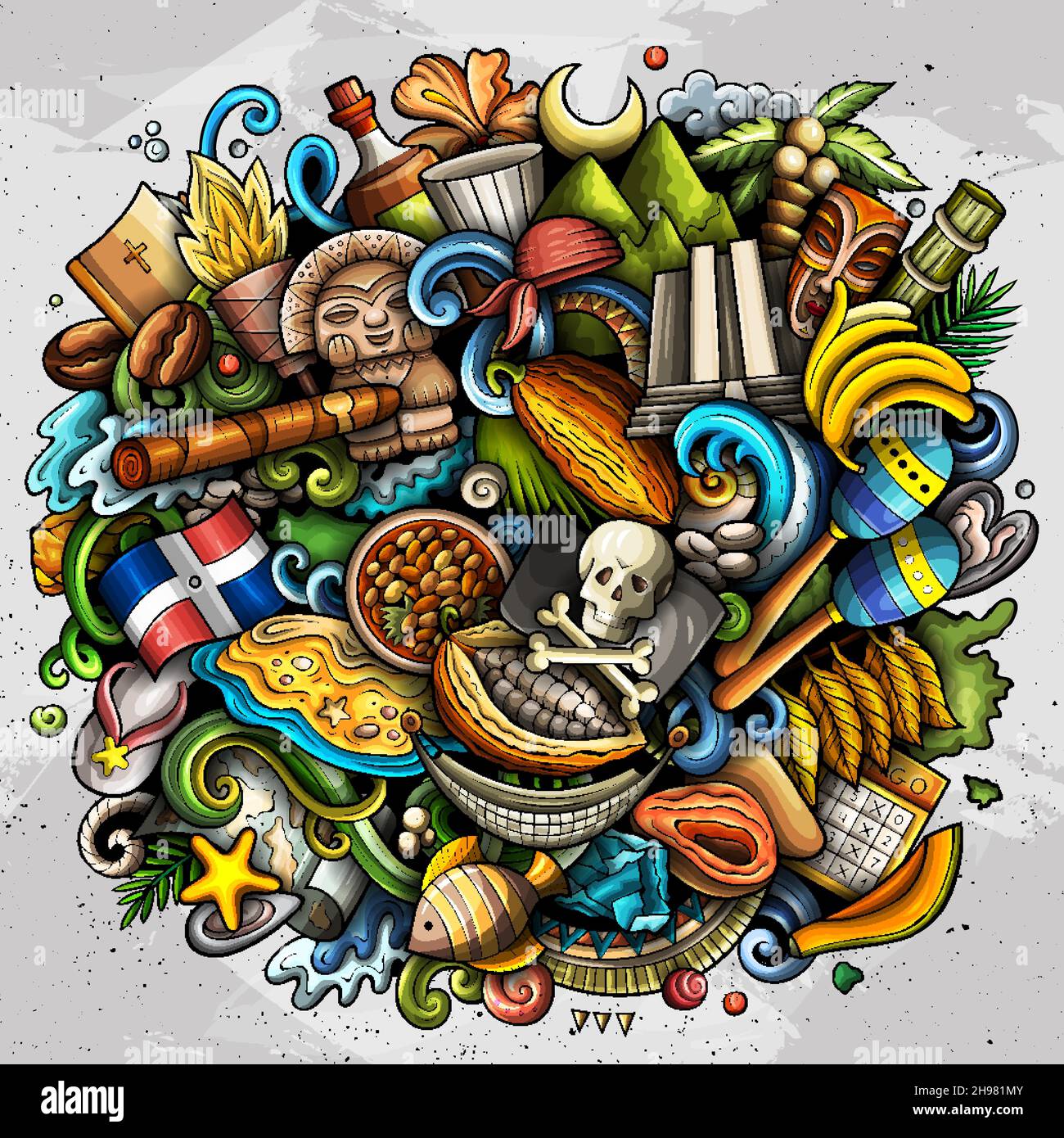 Dominikanische Republik handgezeichnete Cartoon Doodle Illustration. Lustiges Dominikanisches Design. Kreativer Vektor-Hintergrund mit nordamerikanischen Country-Elementen Stock Vektor