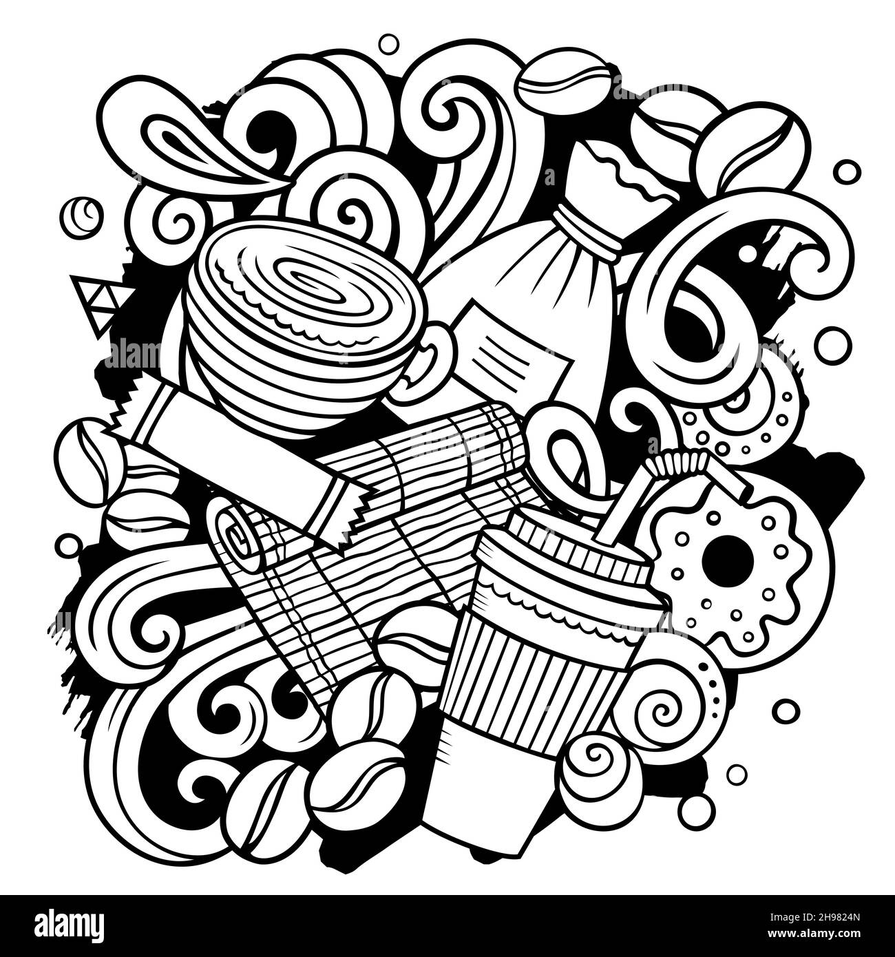 Cartoon-Vektor-Kritzeleien Coffee House Illustration. Strichbilder, detailliert, mit vielen Objekten im Hintergrund. Alle Objekte getrennt. Cafe lustiges Bild Stock Vektor