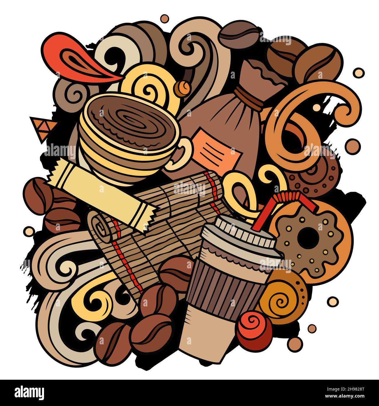 Cartoon-Vektor-Kritzeleien Coffee House Illustration. Bunt, detailreich, mit vielen Objekten im Hintergrund. Alle Objekte getrennt. Helle Farben Cafe lustig Stock Vektor