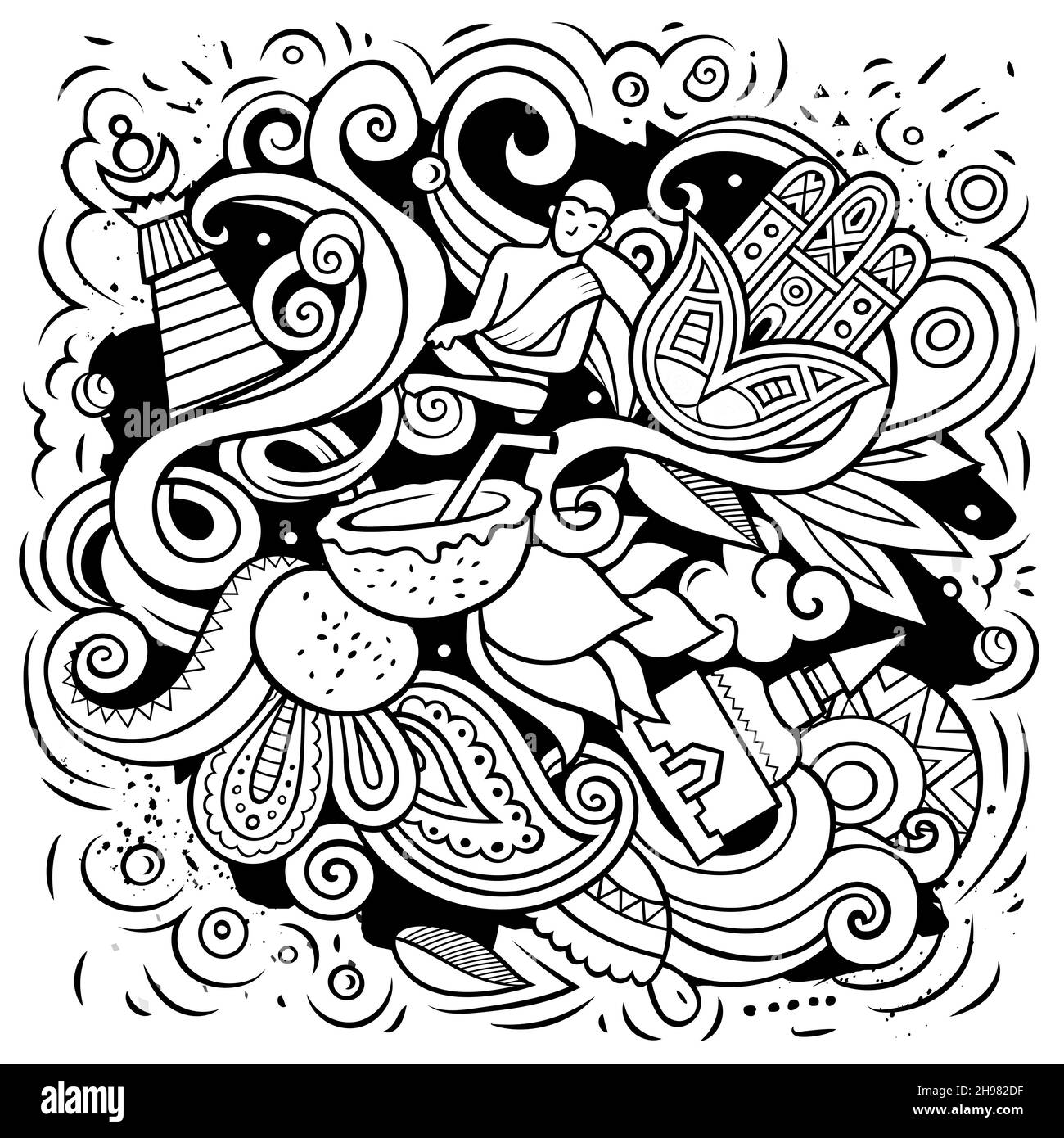 Indien Cartoon Vektor Doodle Illustration. Line Art detaillierte Komposition mit vielen indischen Objekten und Symbolen. Stock Vektor