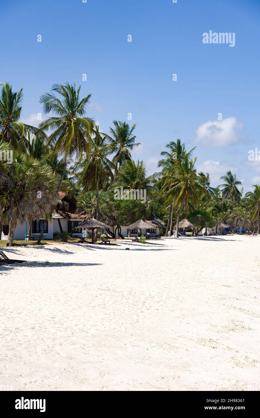 Strandchalets unter Palmen am Strand an einem sonnigen Tag, Diani, Kenia Stockfoto