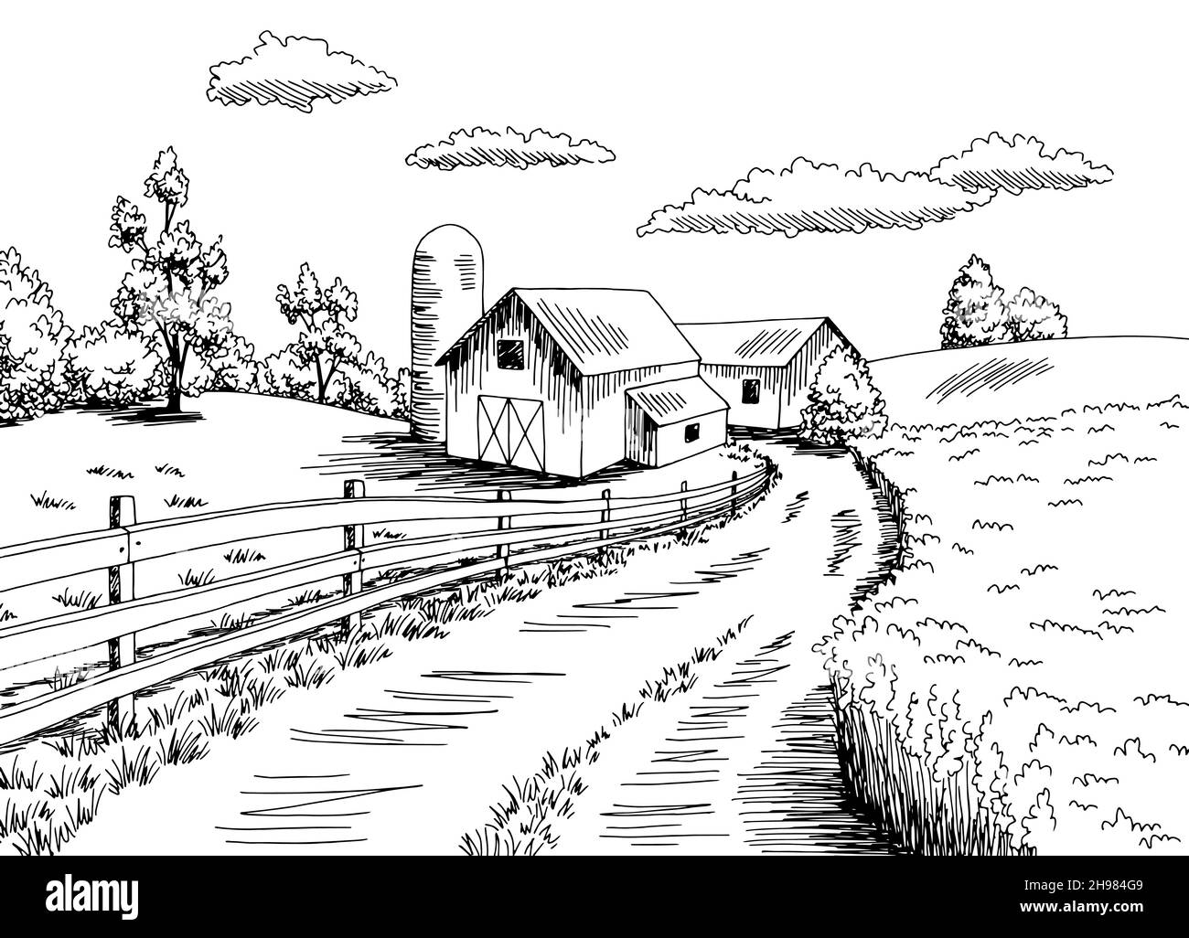 Bauernhof Feld Grafik schwarz weiß Landschaft Skizze Illustration Vektor Stock Vektor