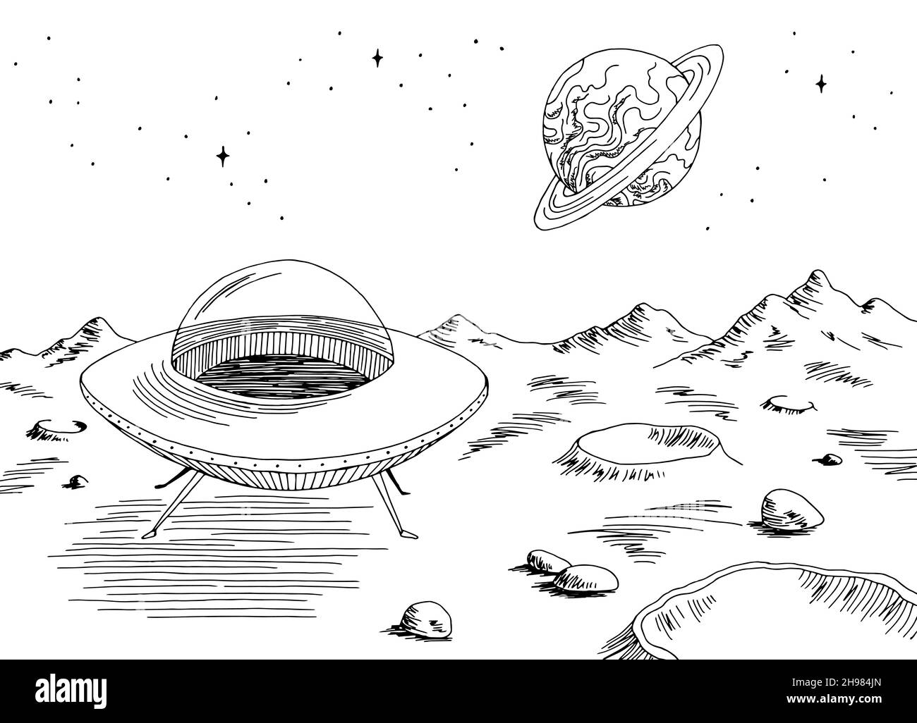 Alien Planet Grafik UFO-Flyer Raumschiff landete schwarz weiß Raum Landschaft Skizze Illustration Vektor Stock Vektor