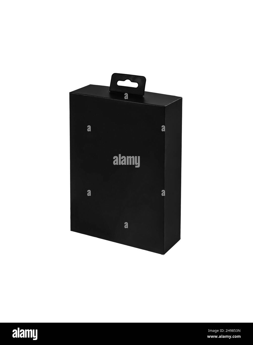 Schwarze Box isoliert auf weißem Hintergrund. Geschenkverpackung. Stockfoto