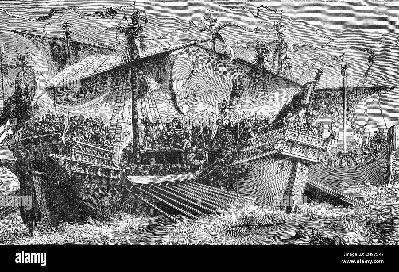 Eine Illustration der Schlacht von Sluys aus dem späten 19th. Jahrhundert, auch bekannt als die Schlacht von l'Écluse, einer Seeschlacht, die am 24. Juni 1340 zwischen England und Frankreich ausgetragen wurde. Sie fand an der Straßenstraße des Hafens von Sluys zwischen Zeeland und Westflandern statt. Die englische Flotte von 120–150 Schiffen wurde von Edward III. Von England angeführt und besiegte die 230 Mann starke französische Flotte durch den bretonischen Ritter Hugues Quiéret, Admiral von Frankreich, und Nicolas Béhuchet, Constable von Frankreich. Die Schlacht war eines der Eröffnungstermine des Hundertjährigen Krieges. Stockfoto