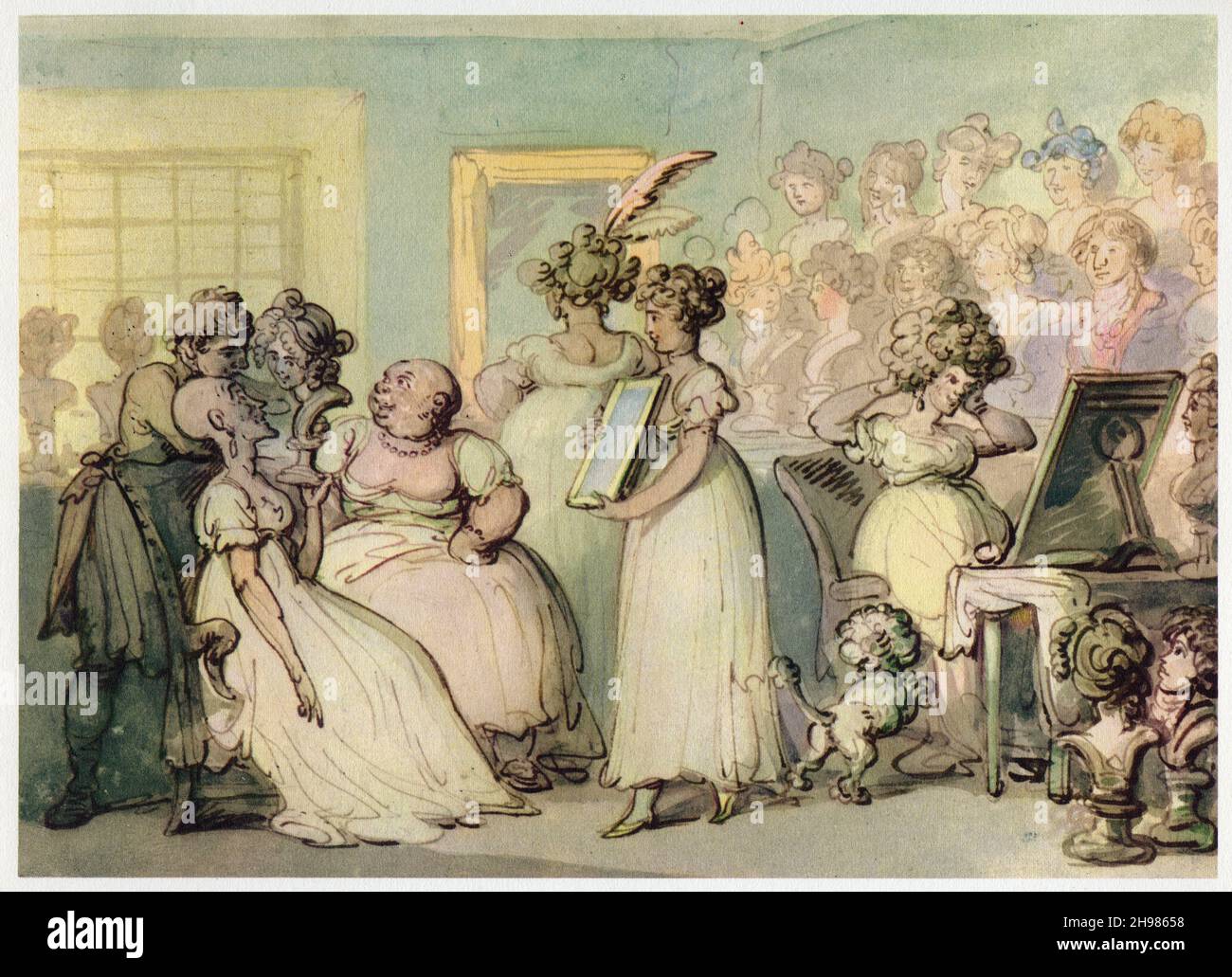 Ein Perückengeschäft, c1780-1825. „die beiden alten Damen, die einen von dem Wigmaker ausgestellten Mädchenschmuck untersuchen, sind mit dem Modell zufrieden, wenn man an ihren Ausdrücken urteilen kann. Zweifellos hat der Wigmaker sie überzeugt, dass diese besondere Coiffure ihr Alter unermesslich reduzieren wird, während der Assistent geduldig einen Spiegel hält, bis der kritische Anprobemoment stattfindet. Sogar der Kopf des Pudels ist so getrimmt, dass er der Perücke seiner Herrin ähnelt. Aus „The Watercolor Drawings of Thomas Rowlandson from the Albert H. Wiggin Collection in the Boston Public Library“ mit c Stockfoto
