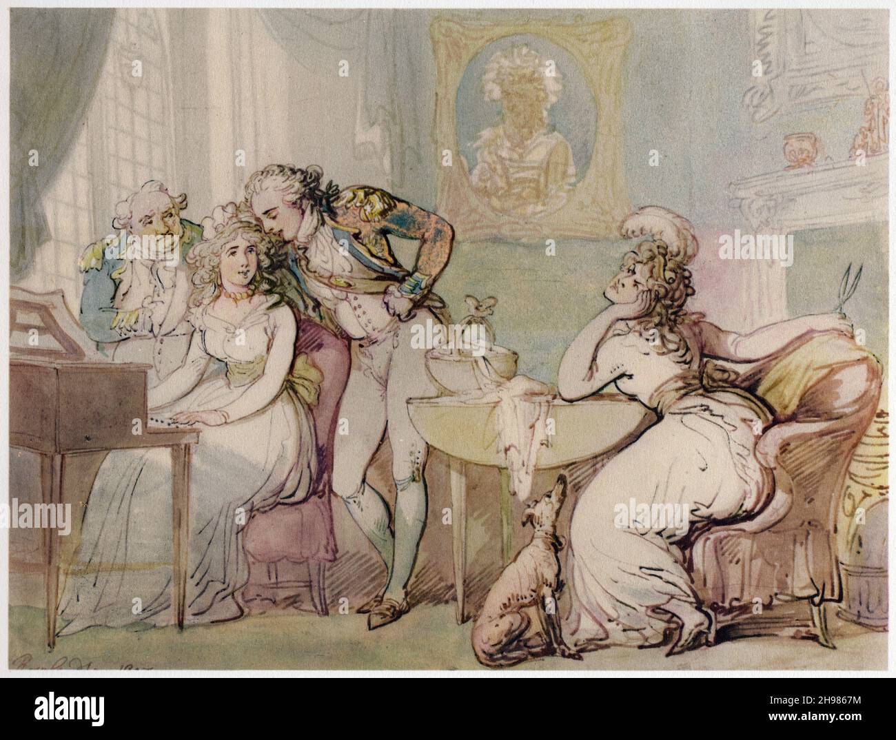 Eifersucht, das Rivale, 1803. 'Wird diese Zeichnung mit ihrer Vordergrundanordnung von zutiefst ausdrucksstarken Figuren nicht etwas größeres, als das Motiv suggerst? Vielleicht gibt es hier einen französischen Einfluss. Rowlandson hatte eher ein Gefühl der Anbetung und zog gut ausgebildete junge Frauen an, die ebenfalls eine gute Eigenschaft zeigten. Er ist in diesem Thema ernster als gewöhnlich, und es gibt alle Anzeichen dafür, dass er, wenn er es wollte, ein verdienstvolles Bild zeichnen könnte, das die Qualitäten erfüllt, die eine konventionelle Welt erwarten könnte. Alles, was ein wichtiges Gemälde sein sollte, ist in diesem kleinen Stück enthalten Stockfoto