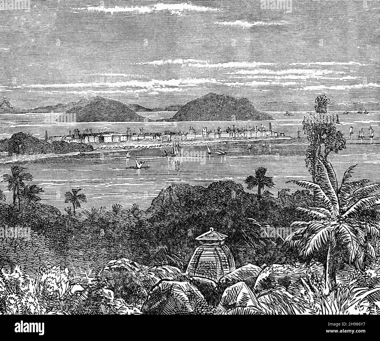 Eine Illustration der indischen Stadt Bombay aus dem späten 19th. Jahrhundert, bevor sie sich zu einer großen Stadt entwickelte. Die ab 1995 als Mumbai bekannte Hauptstadt des indischen Staates Maharashtra liegt an der Küste von Konkan an der Westküste Indiens und verfügt über einen tiefen Naturhafen. Stockfoto