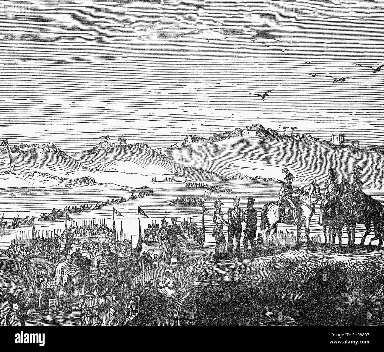 Eine Illustration der britischen Armee aus dem späten 19th. Jahrhundert, die den Sutlej- oder Satluj-Fluss überquert, den längsten der fünf Flüsse, die durch die historische Kreuzungsregion Punjab in Nordindien und Pakistan fließen. Stockfoto