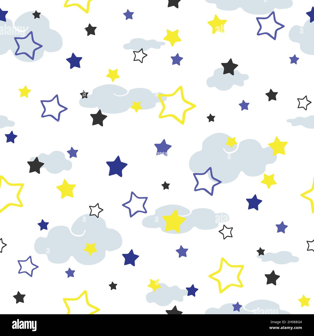Nahtloses Vektormuster mit Sternen und Wolken auf weißem Hintergrund. Schlichtes Nachthimmel-Tapetendesign für Kinder. Baby Dusche Mode Textil. Stock Vektor