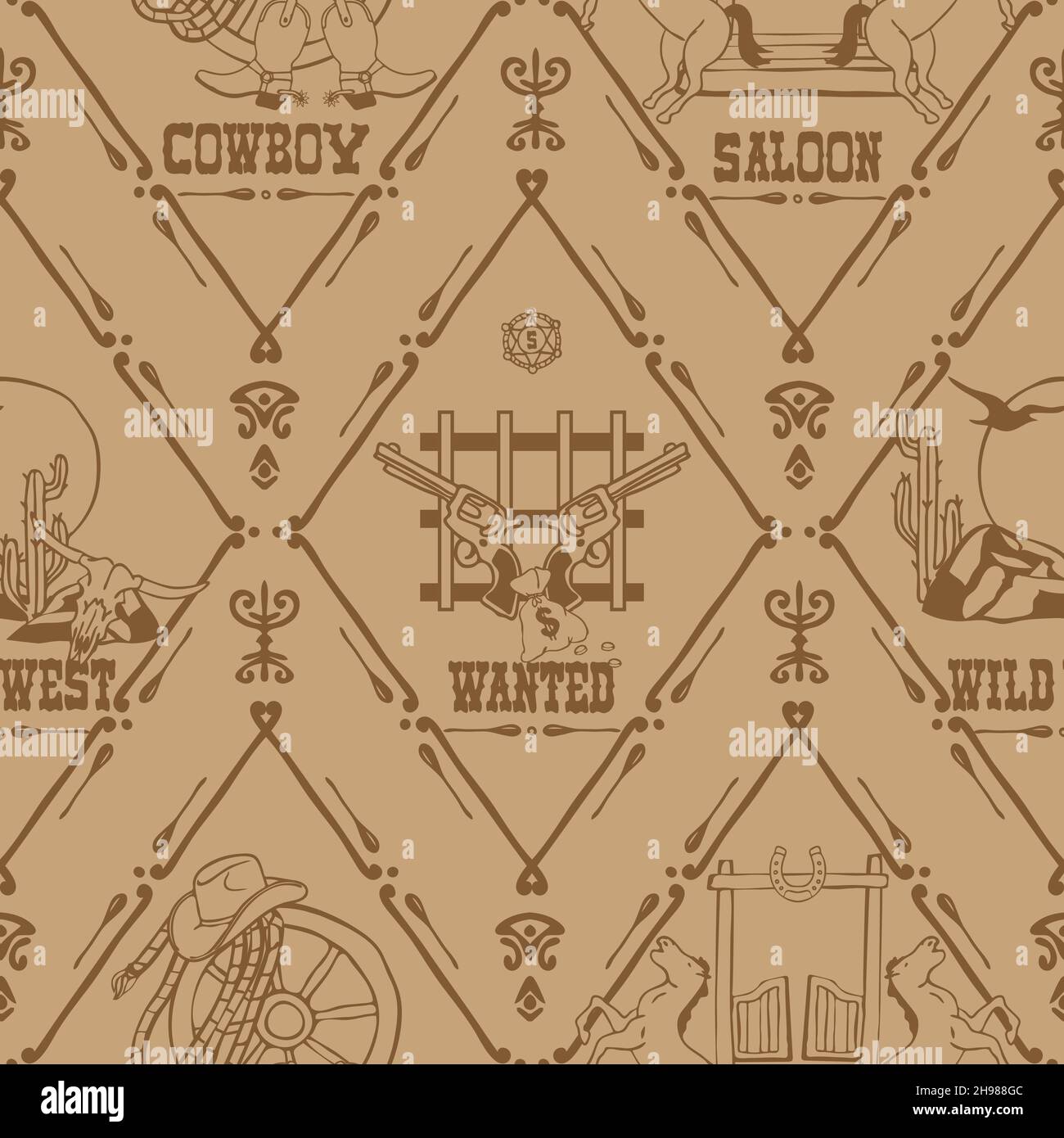 Nahtloses Vektormuster mit Wild-West-Symbolen auf weißem Hintergrund. Vintage Western Texas Tapetendesign. Dekorative Poster Mode Textil. Stock Vektor