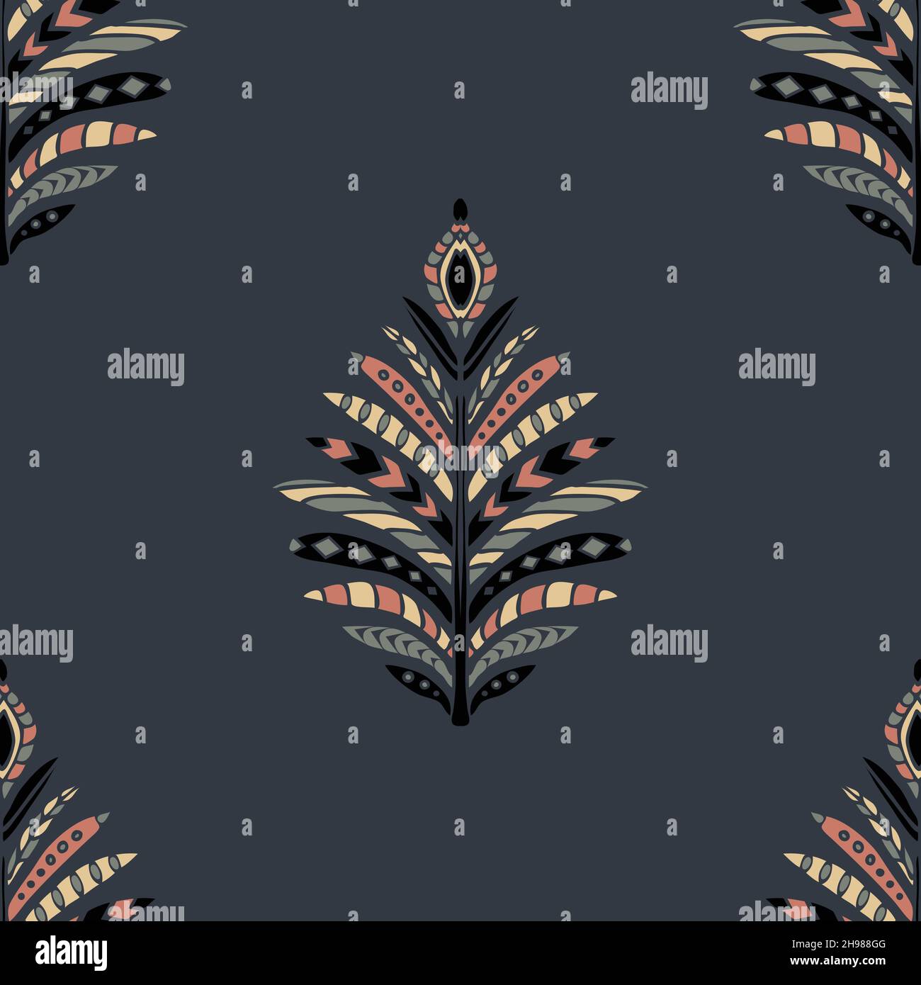 Nahtloses Vektormuster mit nativer Feder auf dunkelgrauem Hintergrund. Einfache Tribal Fliesen Tapete Design. Dekorative aztekische Mode Textil. Stock Vektor