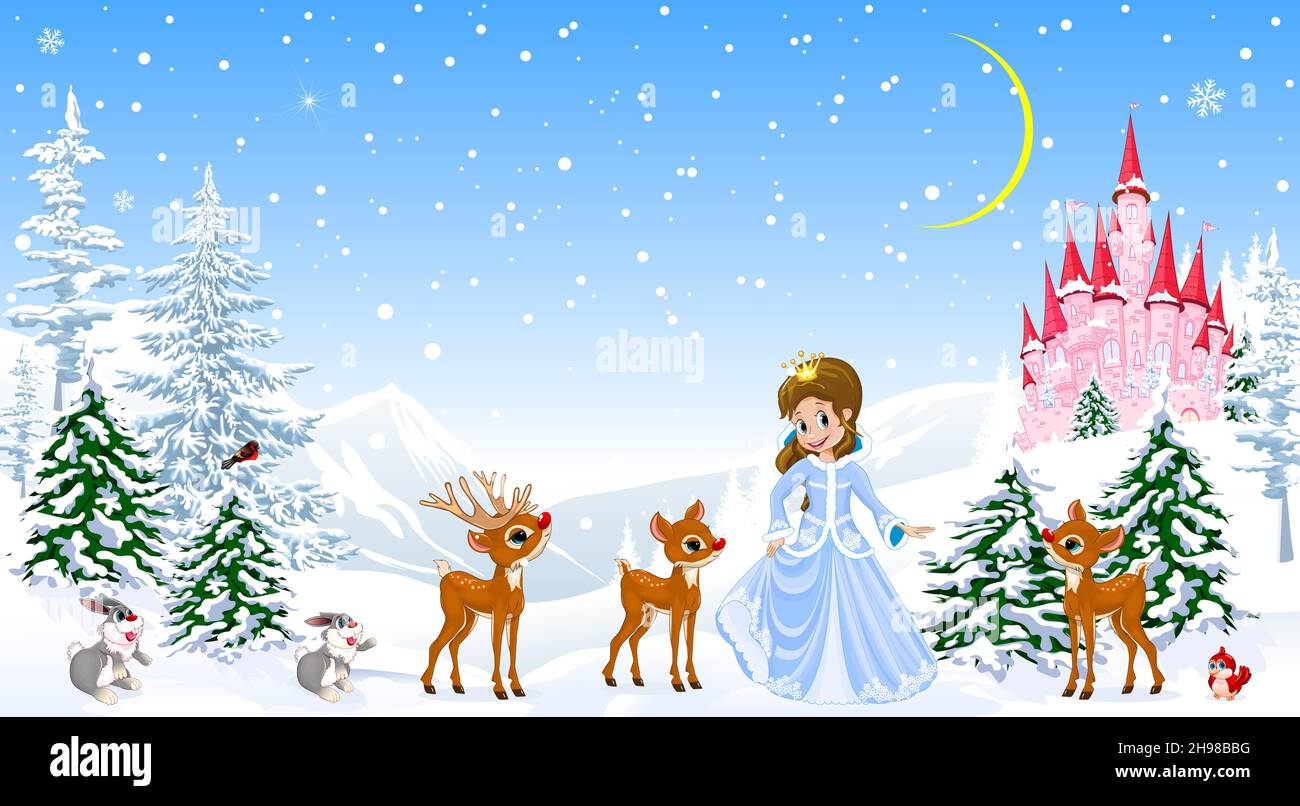 Prinzessin und Tiere im Winterwald, vor der Kulisse eines Schlosses und schneebedeckten Bäumen. Winter verschneite Nacht. Stock Vektor