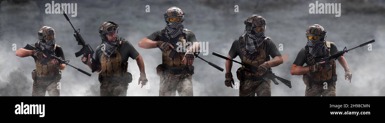 Fivel Special Forces Soldaten, während einer speziellen Operation in Rauch. Fotoformat 4x1. Collage - ein Modell in fünf Posen. Stockfoto