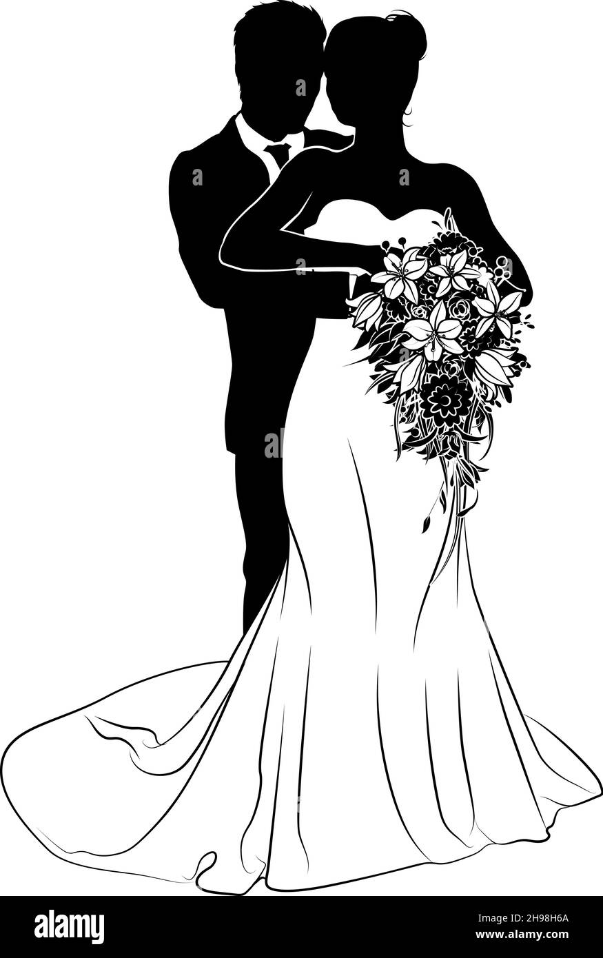 Braut Und Bräutigam Paar Brautkleid Silhouetten Stock Vektor