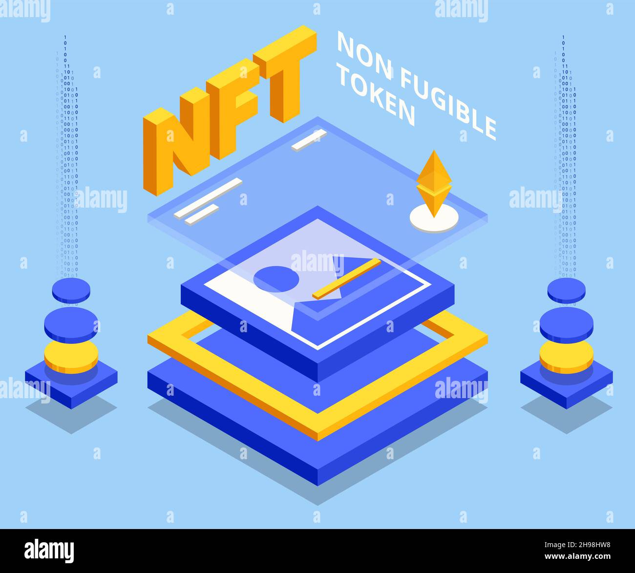 Isometrisches NFT Non-fungible Token ist eine einzigartige und nicht austauschbare Einheit von Daten, die auf einer Blockchain für digitales Ledger gespeichert sind. Digitale Kunst NFTs, generativ Stock Vektor