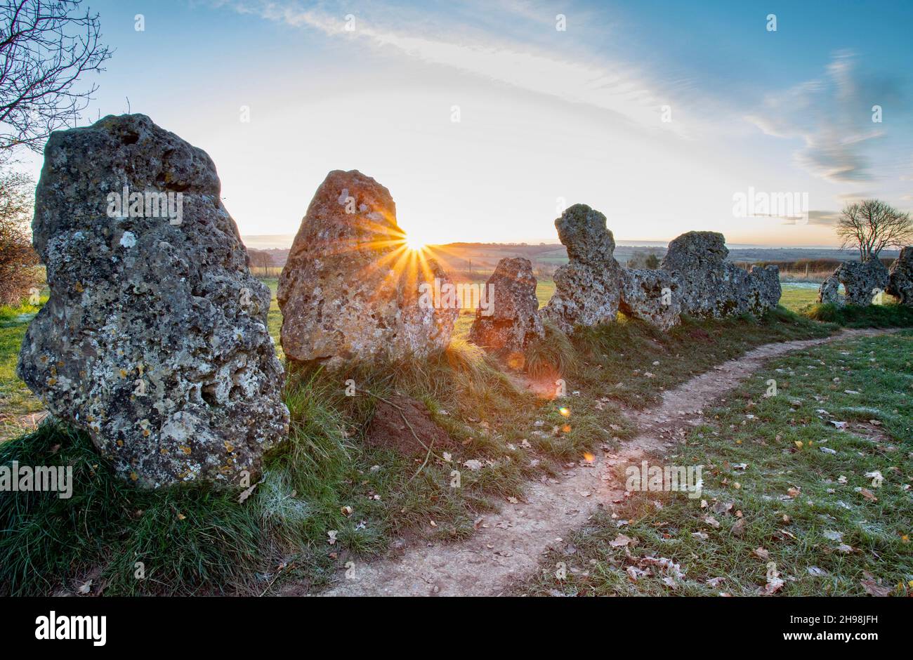 Sonnenaufgang bei Rollright Stones Stockfoto