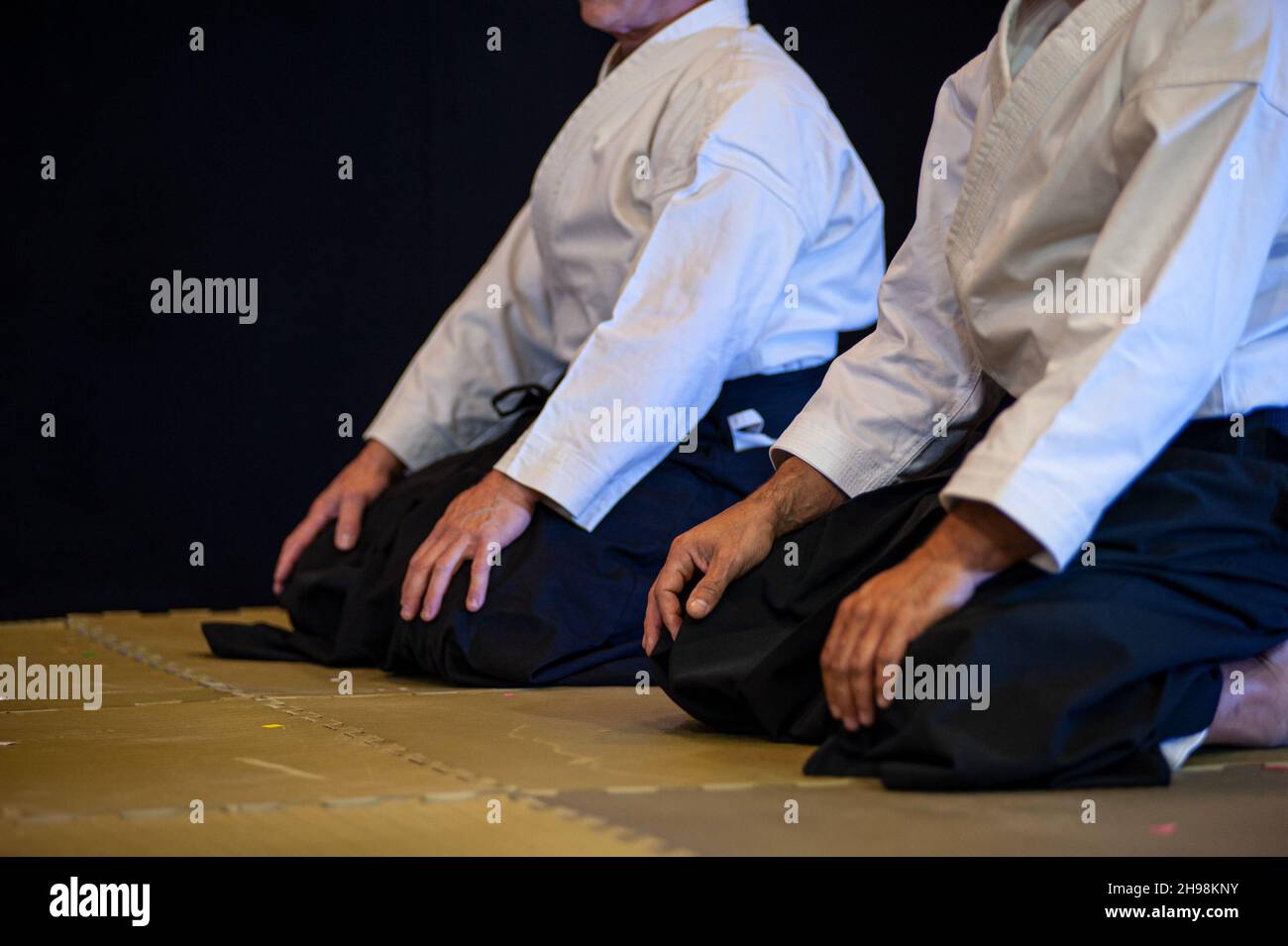 Sportler des Aikido (schwarzer Gürtel) knieten in Seiza-Position. Stockfoto