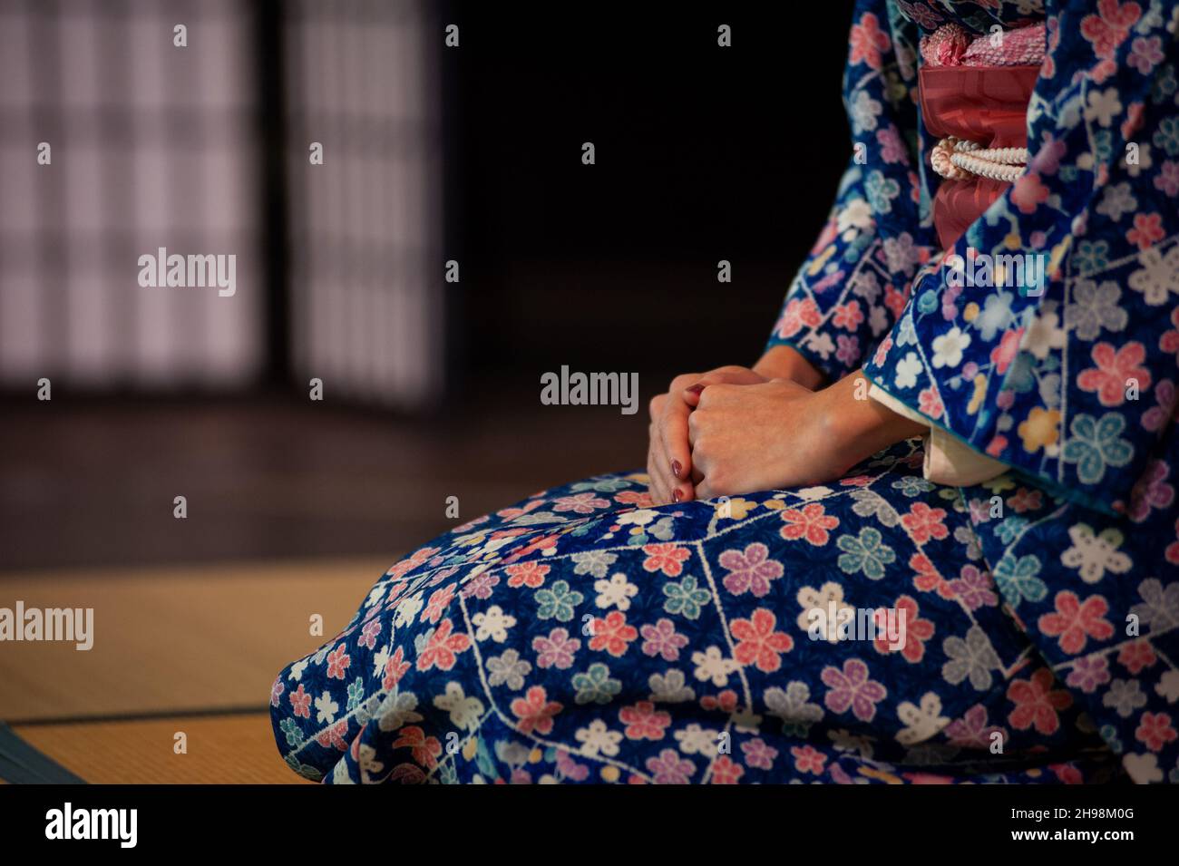 Frau im traditionellen Kimono, knieende Position. Seiza ist die formelle Art, sich nach alten japanischen Standards hinzusetzen. Speicherplatz kopieren. Stockfoto