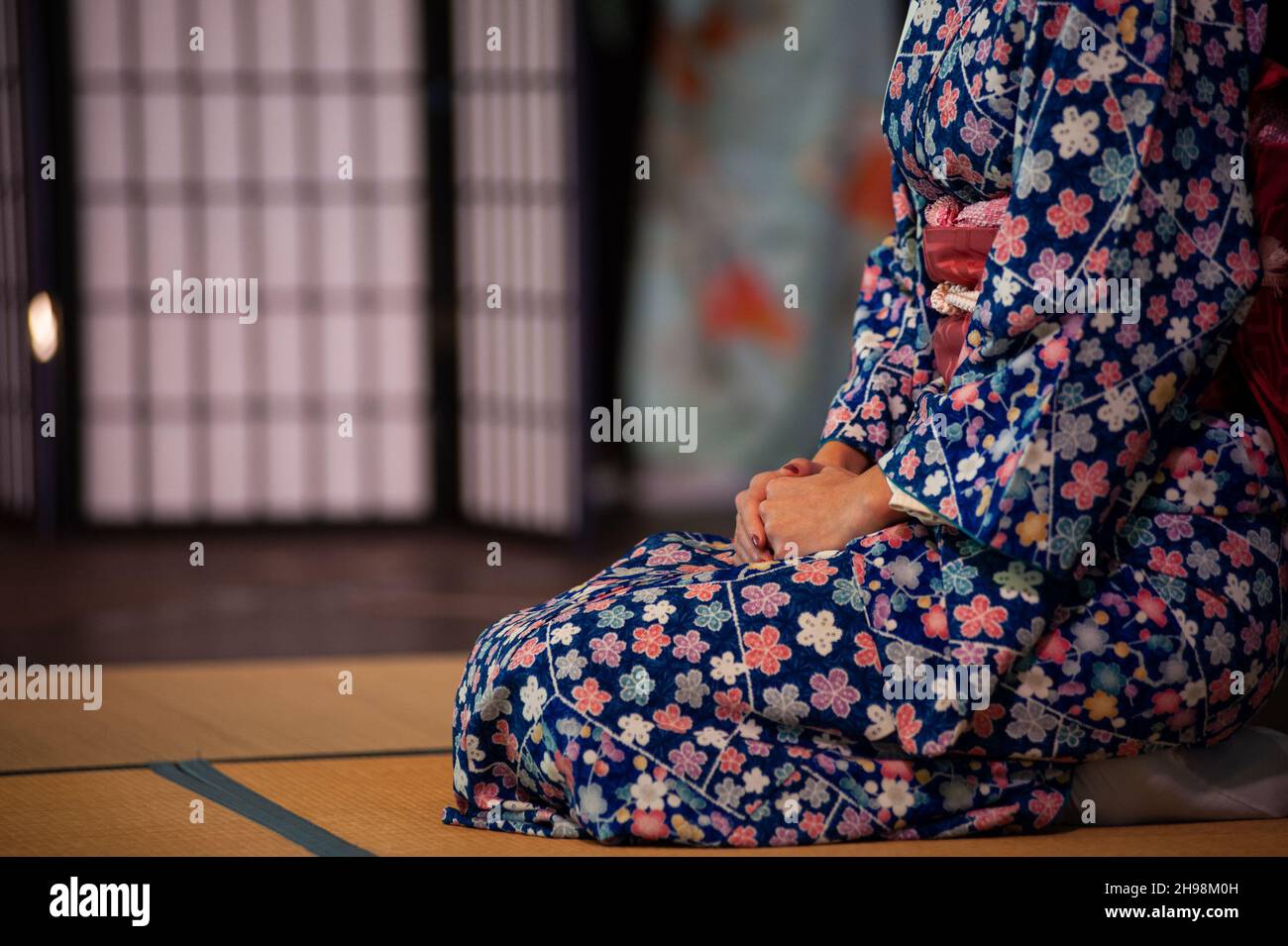 Frau im traditionellen Kimono, knieende Position. Seiza ist die formelle Art, sich nach alten japanischen Standards hinzusetzen. Speicherplatz kopieren. Stockfoto