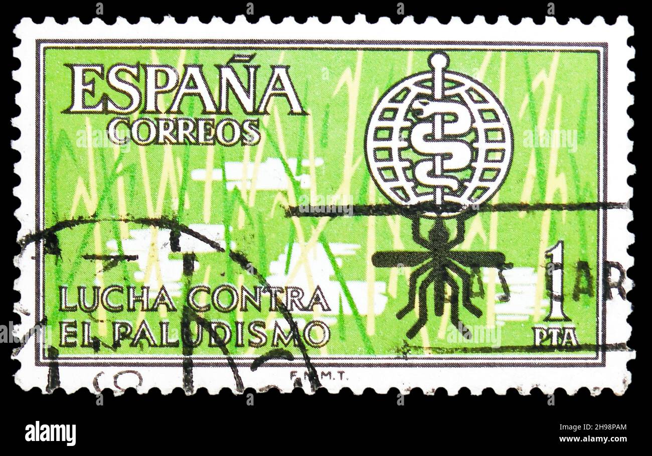 MOSKAU, RUSSLAND - 7. NOVEMBER 2021: In Spanien gedruckte Briefmarke zeigt Kampf gegen Malaria, um 1962 Stockfoto