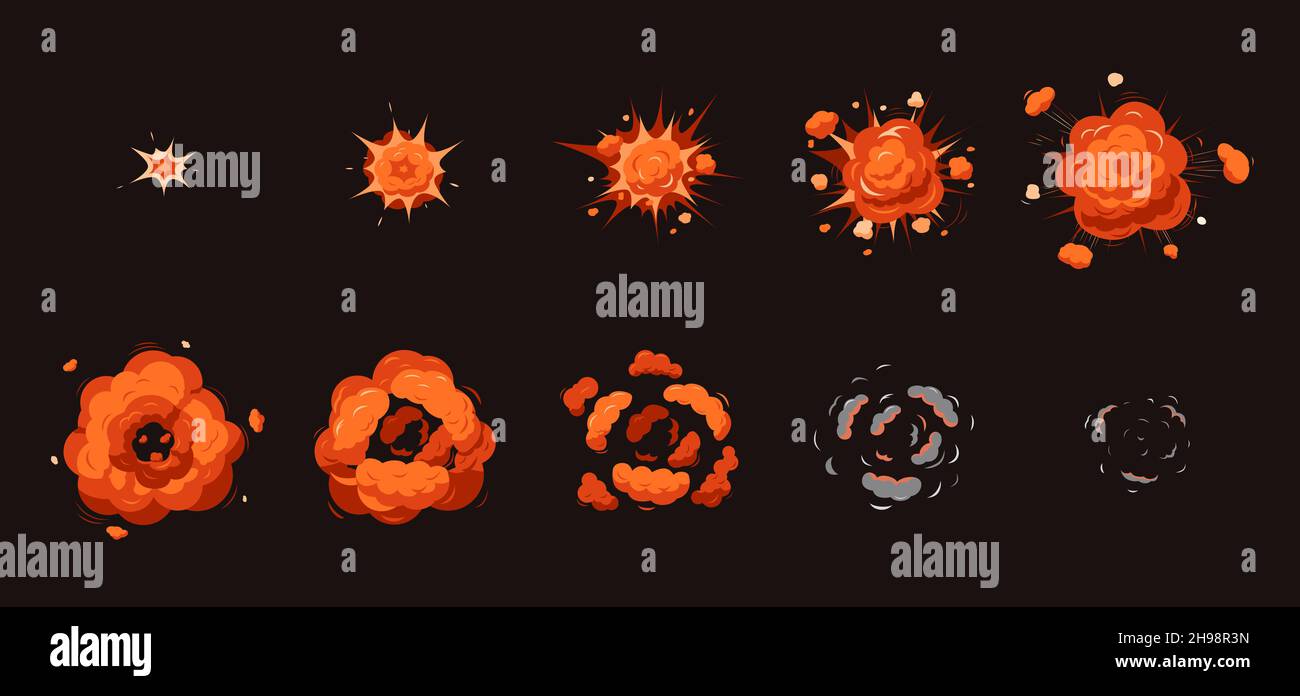 Explosionsanimation. Cartoon-Explosionen, Rauch verschwinden. Atomsprengbilder, Danger Bang-Effekt. Comic Bomb Boom jüngsten Vektor Schritt für Schritt Stock Vektor