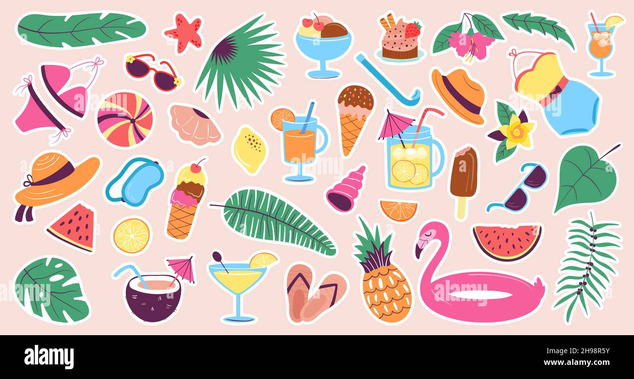Sommerliche Aufkleber. Süße tropische Strandelemente, Obst, Limonadenglas und Essen. Reisen und Urlaub, saisonaler Patch. Modische anständige Vektor-Kit Stock Vektor