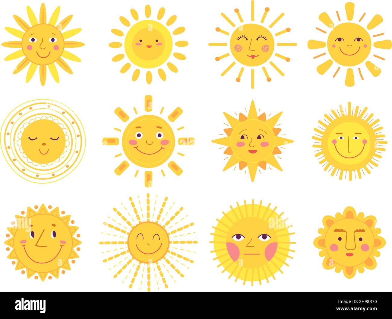 Sun-Zeichen. Baby Sonnenschein, komische Sonnen lustige Gesichter. Isolierte flache Cartoon gelben Sommer-Symbole. Doodle heißes Wetter, abstrakt saisonal anständig Stock Vektor