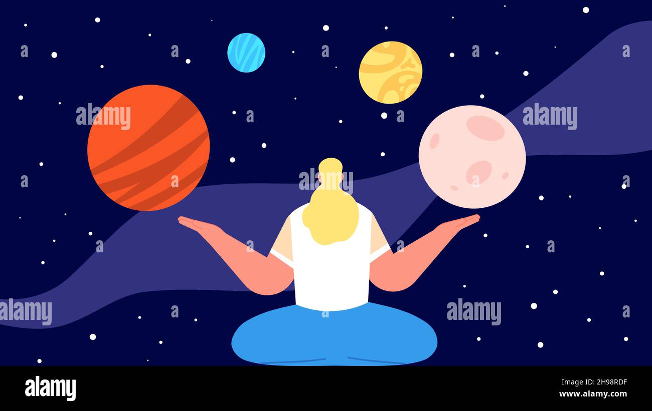 Astronomie-Konzept. Meditation über das Universum, Frau entspannt. Fantasy-Welt, Mädchen und Planeten. Sternenhimmel in der Nacht und Vektor-Konzept für Frauen Stock Vektor