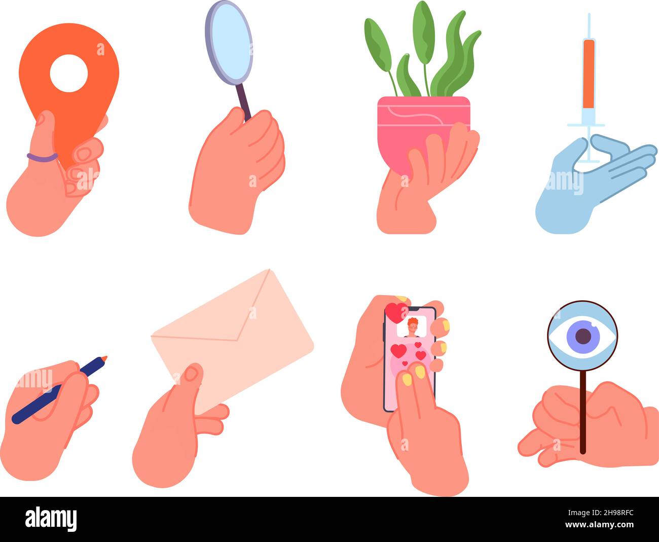 Hand hält Dinge. Hände halten Telefon, Spritze, Brief und Lupe. Isolierter Vektor für menschliche Arme Stock Vektor