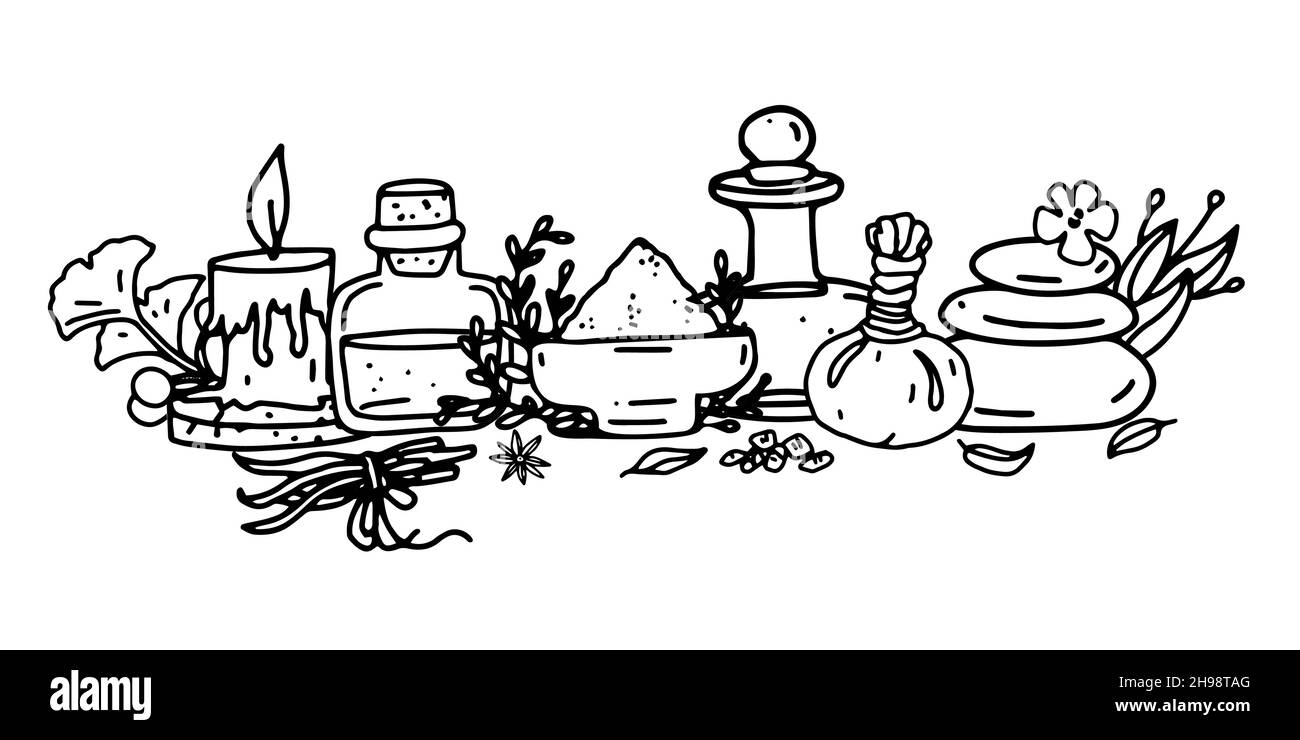 Ayurveda-Konzeptdarstellung mit Mörtel, Kräutern, ätherischer Ölflasche, Massagesteinen und Duftlampe Kerze. Skizzieren Vektor Illustration von ayurveda Stock Vektor