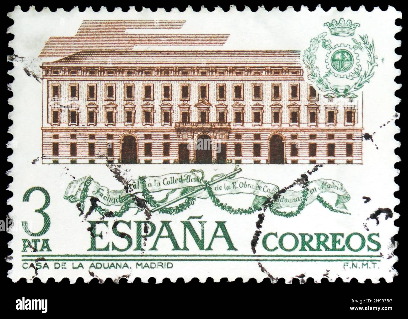 MOSKAU, RUSSLAND - 7. NOVEMBER 2021: Die in Spanien gedruckte Briefmarke zeigt Zollhäuser: Madrid, Serie, um 1976 Stockfoto