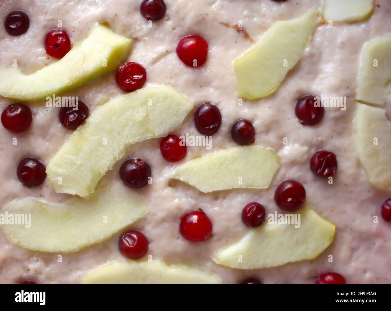 Hausgemachter süßer Apfelkuchen mit Cranberry aus nächster Nähe. Stockfoto