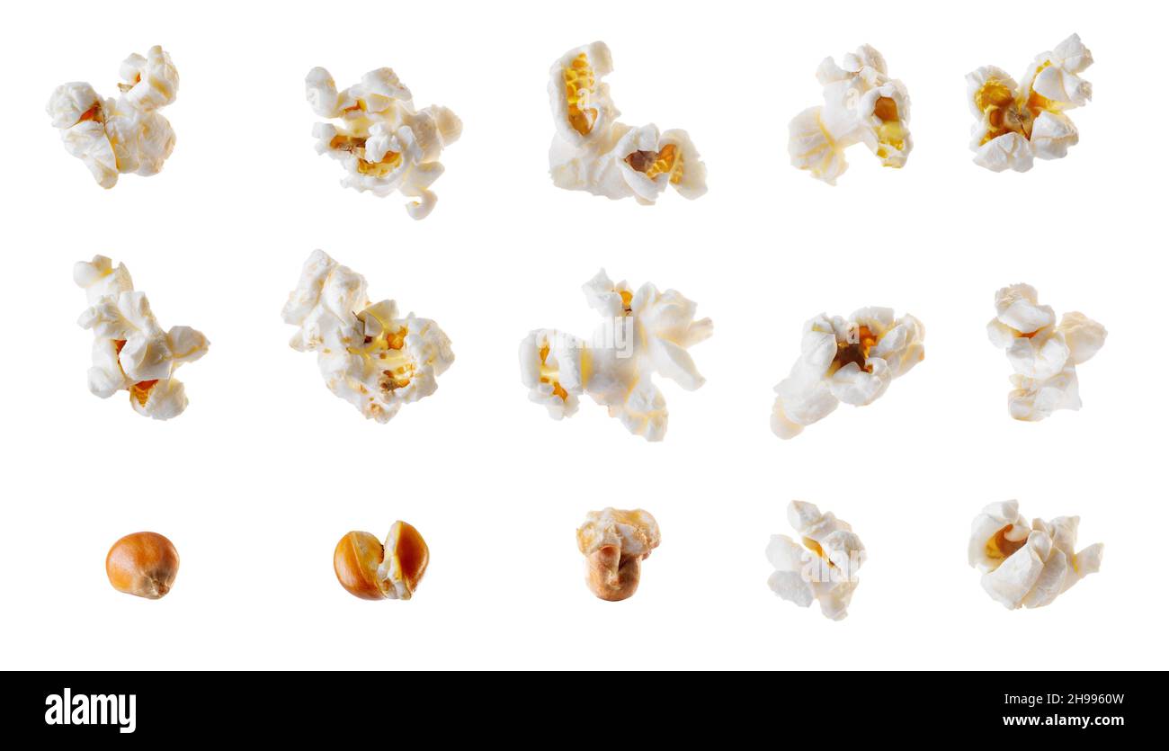 Sammlung von Popcorn isoliert auf weißem Hintergrund Stockfoto