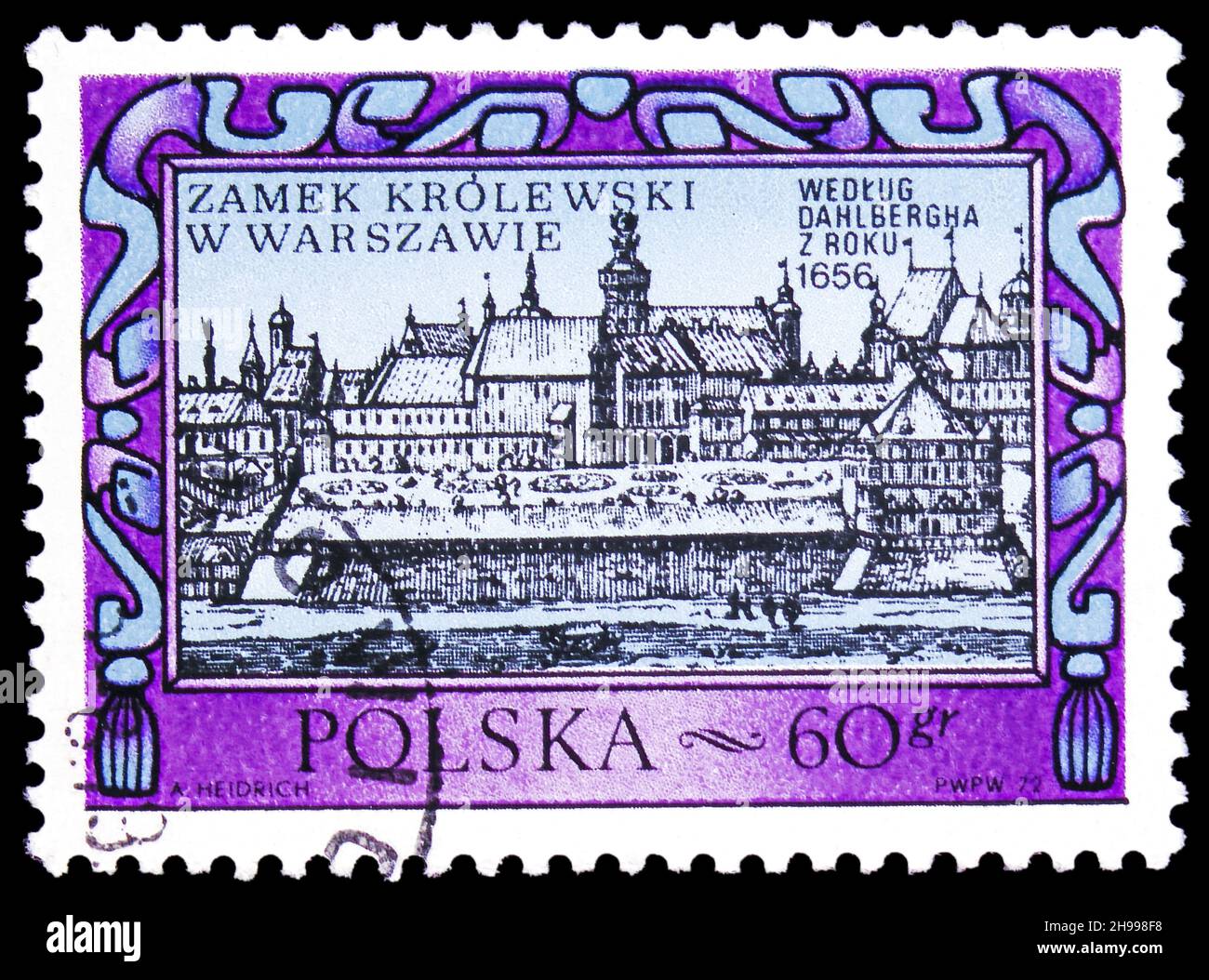 MOSKAU, RUSSLAND - 7. NOVEMBER 2021: Die in Polen gedruckte Briefmarke zeigt das Warschauer Königsschloss, von Erik Jönsson Dahlbergh (1625-1703), um 1972 Stockfoto