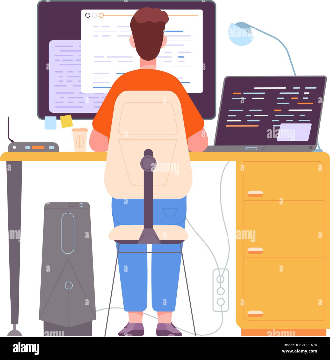 Programmierer schreibt Code. Arbeit Software-Entwickler am Computer-Schreibtisch mit Monitor und Laptop, Programm-Ingenieur-Workstation, professionelle Job css java pc-Programmierer, Vektor-Illustration Programmiersoftware Stock Vektor