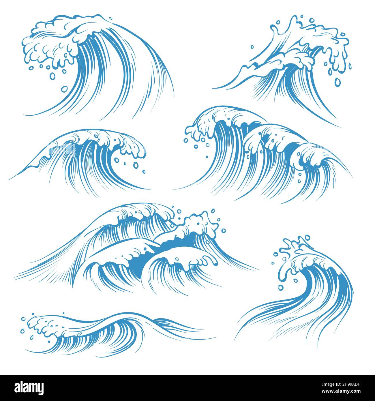 Handgezeichnete Wellen. Skizzieren Sie die Wellen der Wellen. Handgezeichnetes Surfen Sturm Wind Wasser Doodle Vintage Elemente Stock Vektor