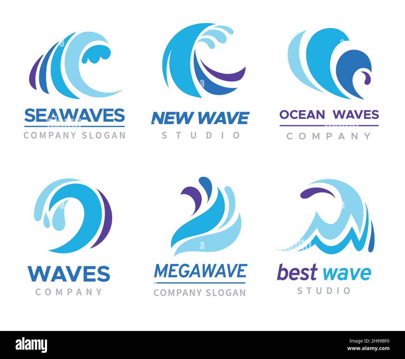 Sea-Wave-Logo. Ozean Sturm Gezeiten Wellen wellig Fluss blau Wasser Splash Design Embleme Etiketten Vektor isoliert Kollektion Stock Vektor