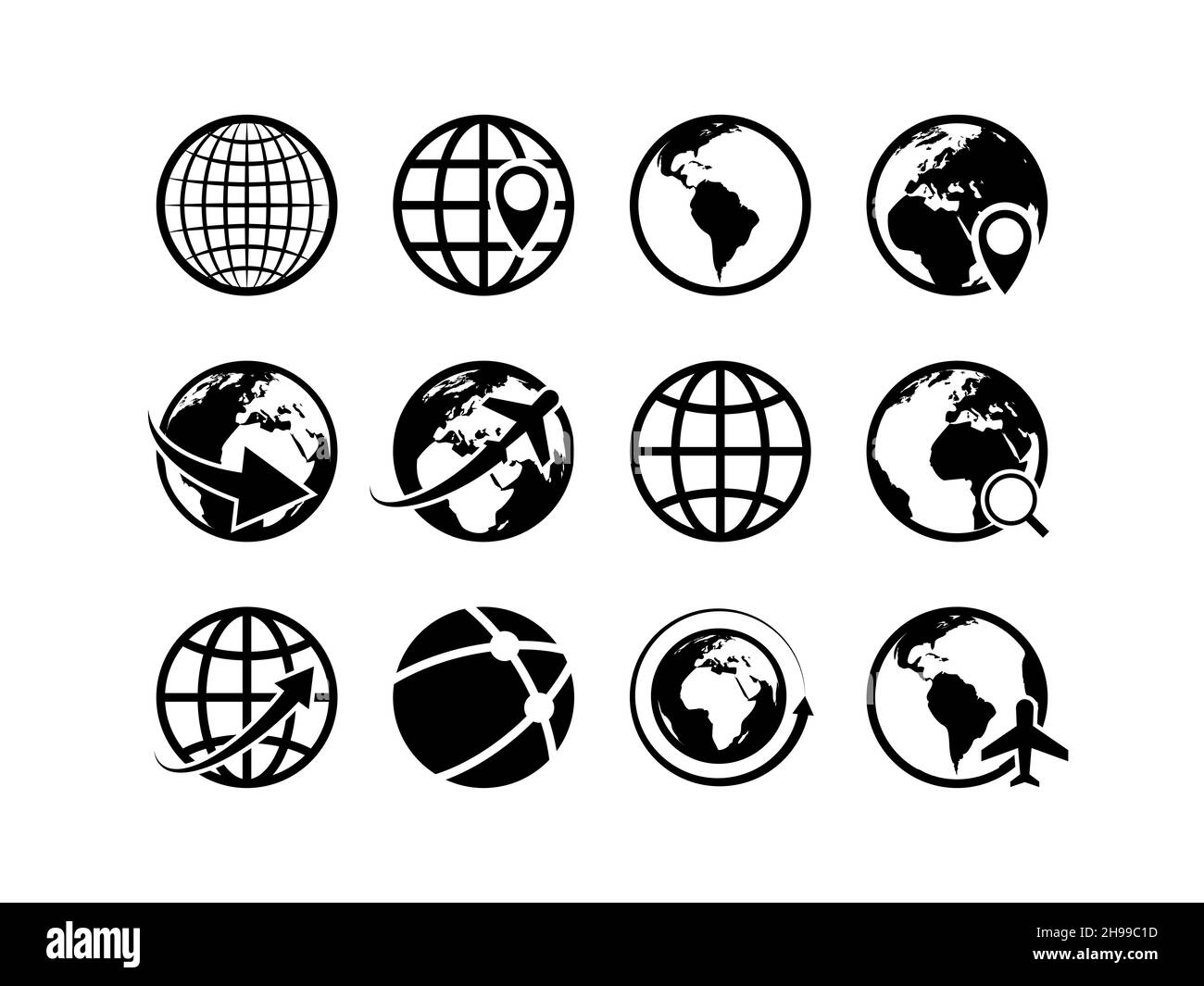 Erdglobus-Symbole. Weltkarte Geographie Internet globaler Handel internationaler Tourismus Vektor Globus Symbole Stock Vektor
