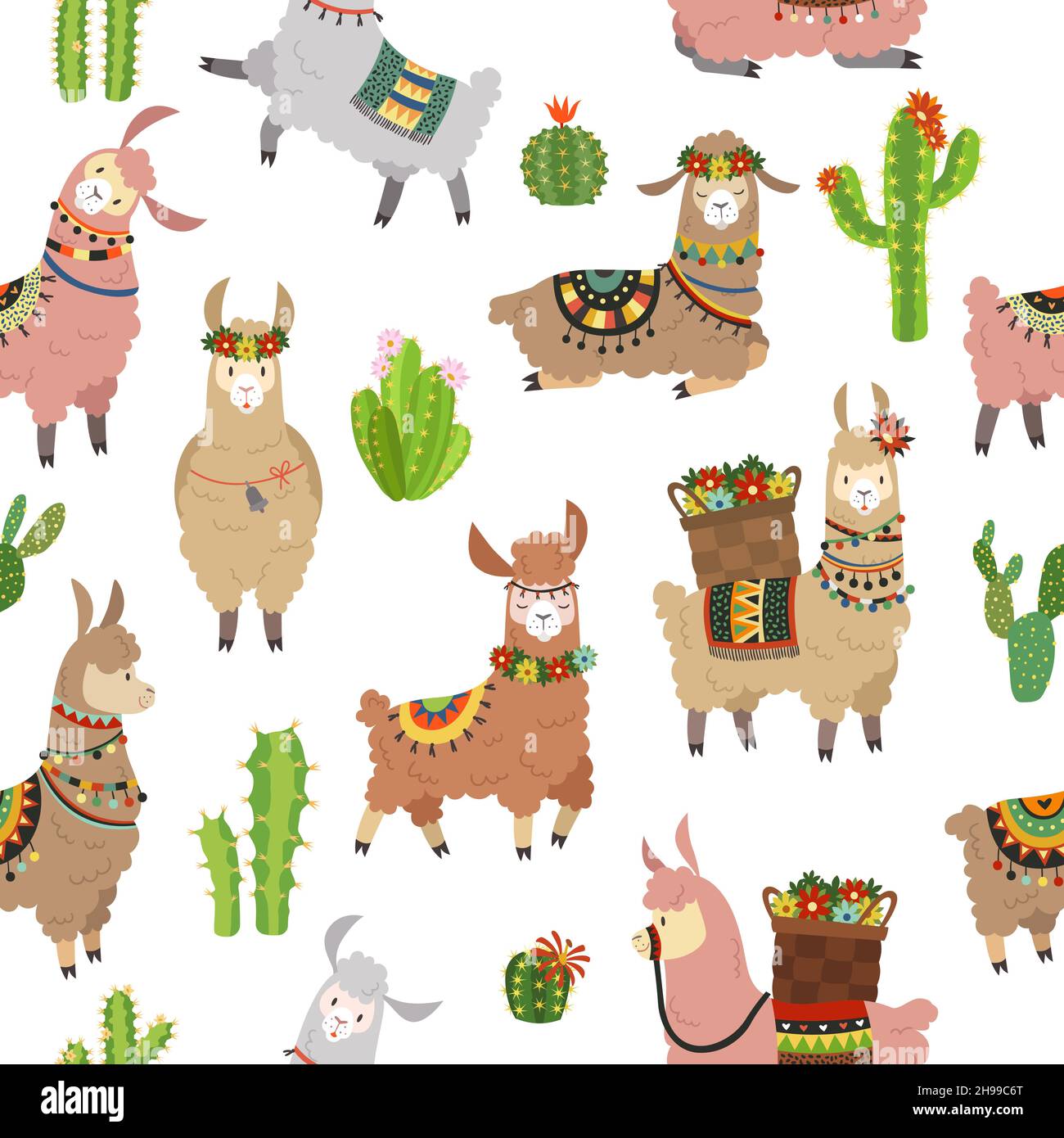 Lamas Nahtloses Muster. Baby Lamas niedlichen Alpaka und Kakteen wilden lama. Peru Kamel, Mädchen Tapete Vektor Tier Textur Stock Vektor