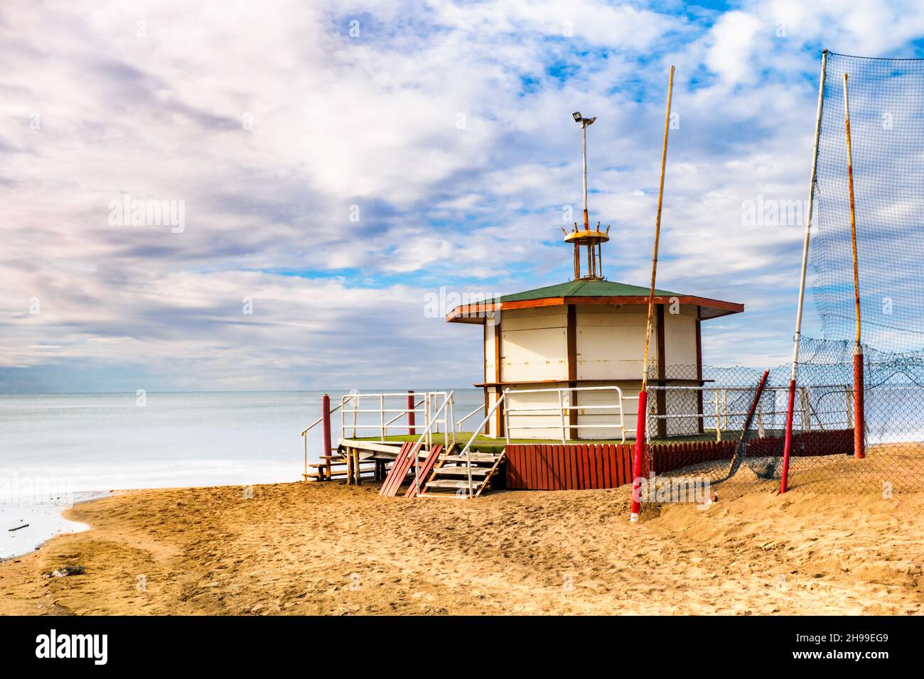 Strandkabine am Tyrrhenischen Meer - Ostia Lido, Rom Stockfoto