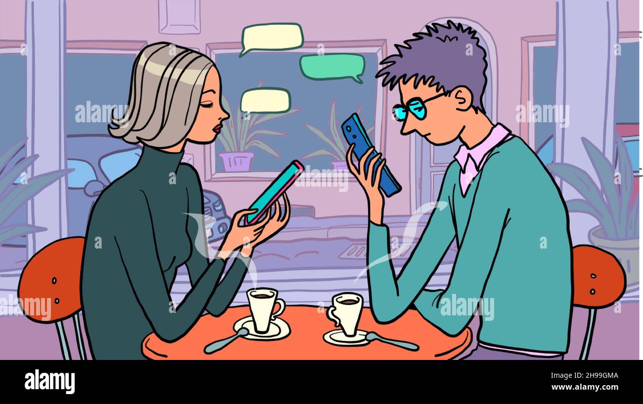 Online-sucht ein Mann und eine Frau ignorieren einander und schauen in ein Smartphone, Surfen im Internet Stock Vektor