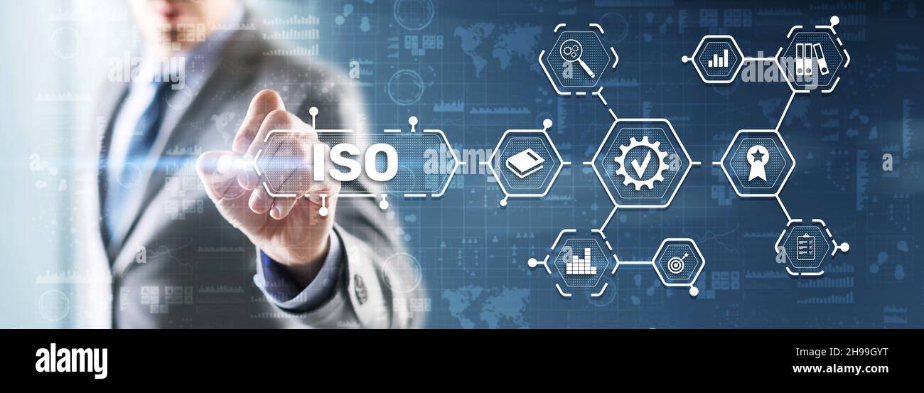 ISO-Zertifizierungskonzept Standard Qualitätskontrolle. Internationaler Informationssicherheitsstandard. Stockfoto