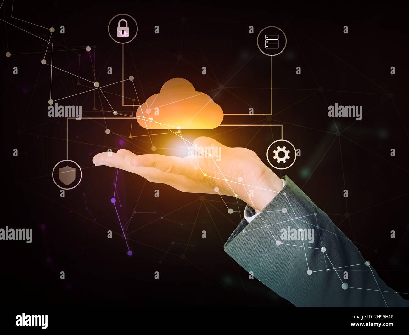 Hintergrund des Konzepts für sicheres Cloud-Computing und sichere Netzwerke. Futuristische Technologiekulisse mit Glowing Cloud und Icons Stockfoto